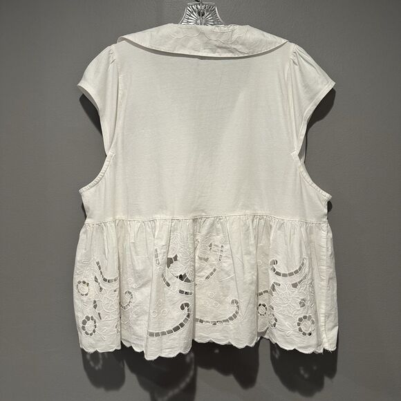 By Anthropologie Cutwork Babydoll Blouse Women's XL White Cotton Butterfly - Picture 7 of 14